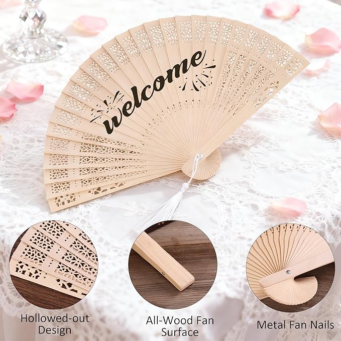 50 Pcs Wedding Fans Engraved Wooden Folding Hand Fans with Organza Bags, Wedding Party Favors for Guests, Bridal Shower & Summer Outdoor Ceremony (Style5,50)