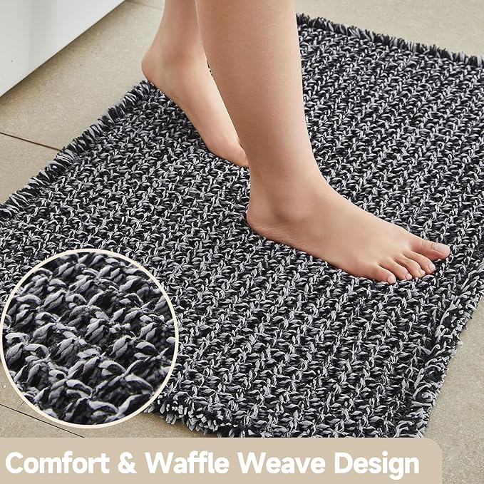 Black and White Bathroom Rugs, Waffle Bath Mat Non Slip Washable Super Absorbent Quick Dry Boho Farmhouse Bathroom Decor, 24"x16" Black and White