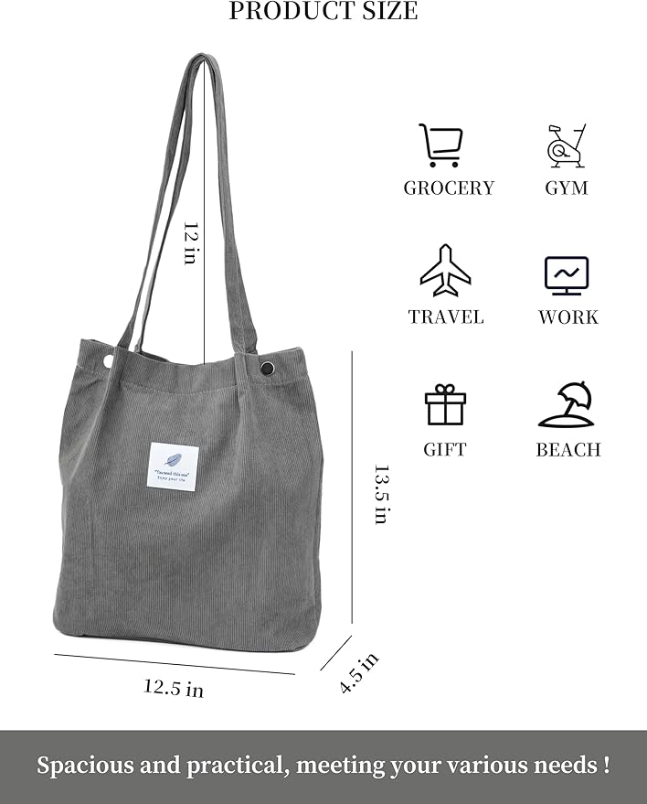 Corduroy Tote Bag Cute Tote Bags for Women Shoulder Bag with Inner Pocket for Work Beach Travel and Shopping Grocery