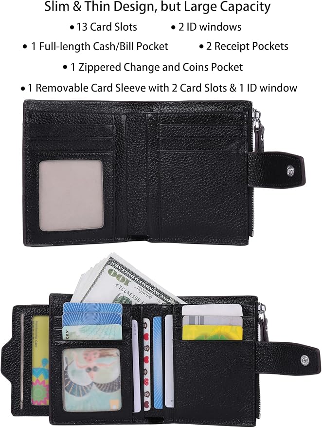 AINIMOER Women's RFID Blocking Leather Small Compact Bi-fold Zipper Pocket Wallet Card Case Purse with id Window