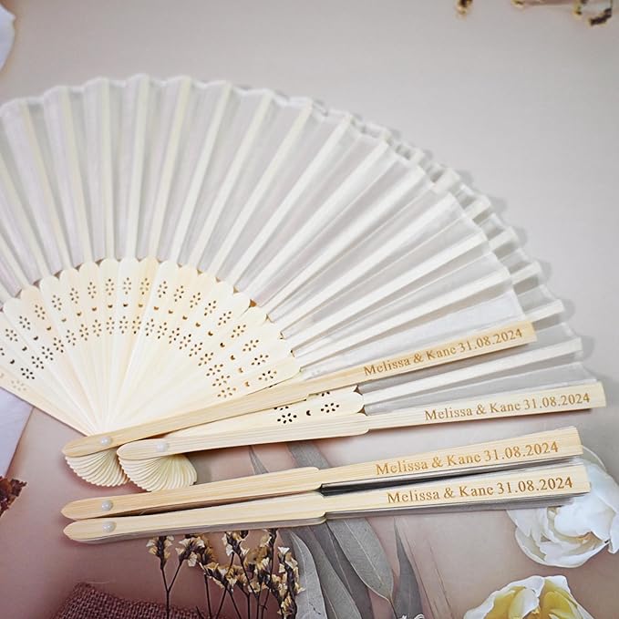 30 Pcs Personalized Cream Hand Fans for Wedding, Custom Engraved Silk Fans Folding Hand Fans, Summer Wedding Fans, Custom Wedding Party Favor Bridal Shower Gifts Baby Shower Favors