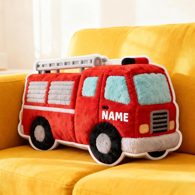 Personalized Fire Truck Shaped Pillow, Custom Name Plush Stuffed Pillows, Suitable for Beds, Sofas, Bedrooms, Living Rooms Custom Decorative Cushion Gifts for Birthday and Anniversary