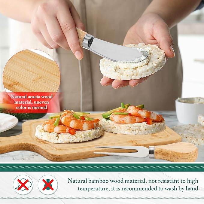 2 Set Bridal Baby Shower Cheese Prizes Wooden Square Board Gift Set Knives Forks Thank You Tags with Box for Guests for Valentines Bridal Baby Shower Housewarming Gifts (Bamboo Color)