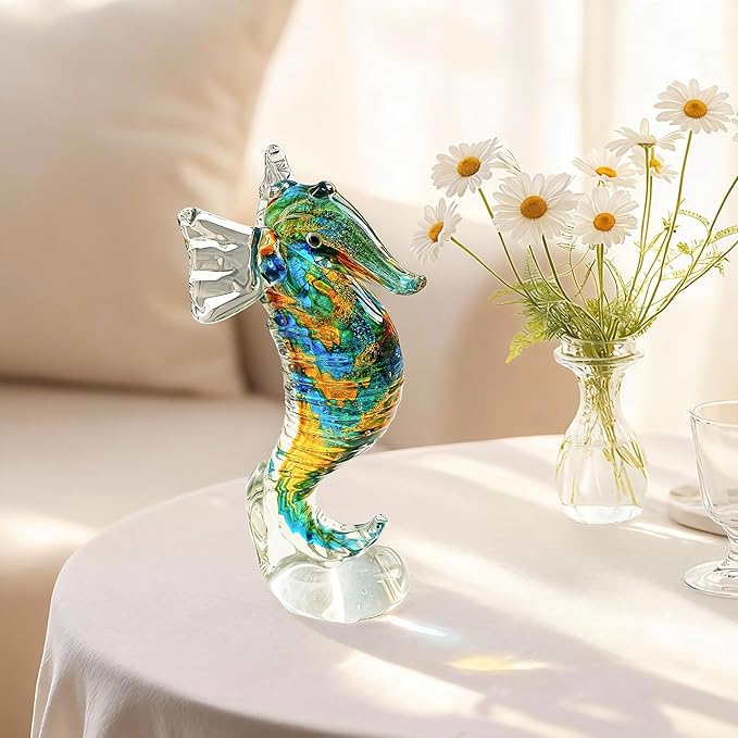 QFkris 8" Handmade Blown Glass Blue Seahorse Figurines Collectible Art Glass Blown Animal Sculpture for Home Decor
