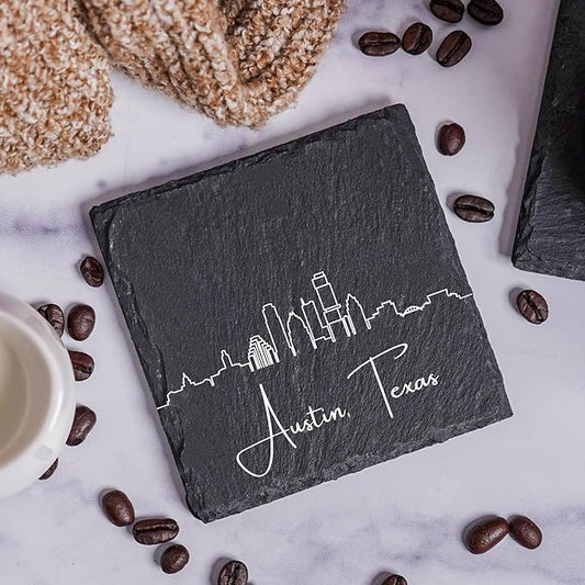 Blue Ridge Mountain Gifts - Austin TX Skyline Coasters, Set of 4 - Austin Texas Souvenir, Slate Coasters with Minimalist Skyline, Housewarming Gift for Friends, Family, & Neighbors