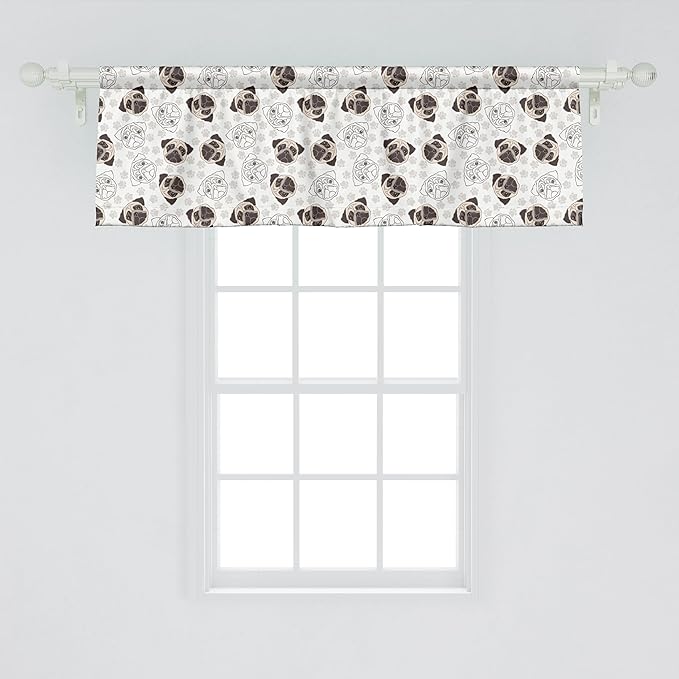 Ambesonne Dog Window Valance, Pug Portraits Traces Paw Print Background Canine Pet Illustration Mammal Animal, Curtain Valance for Kitchen Bedroom Decor with Rod Pocket, 42" x 18", Beige Brown Tan