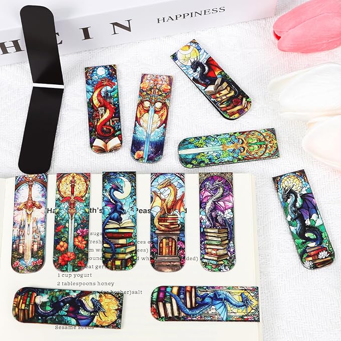 Dragon Sword Bookmark Magnetic Gifts - Wxiben 30 Pcs Stained Glass Window Dragon Bookmarks Magnets Fantastic Book Marks Page Marker Clip Gift for Women Men Students Teacher Reading Bookish