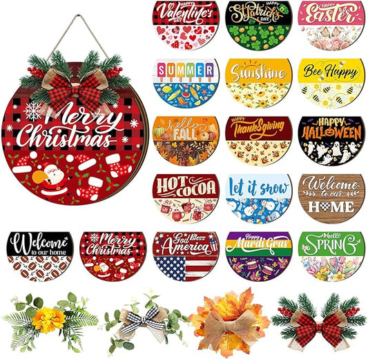 Vicenpal 22 Pcs Interchangeable Welcome Sign for Front Door with 17 Magnetic Icon Wooden Seasonal Front Porch Door Decor with 4 Seasonal Wreaths for Holiday Halloween Christmas Gift(Dark Brown,Novel)