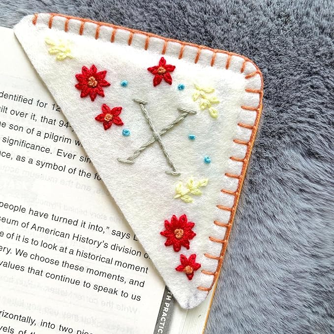 Personalized Hand Embroidered Corner Bookmark, Cute Flower Book Mark, Hand Stitch Gift for Women Book Lovers by HNQCPCVU (X, White)