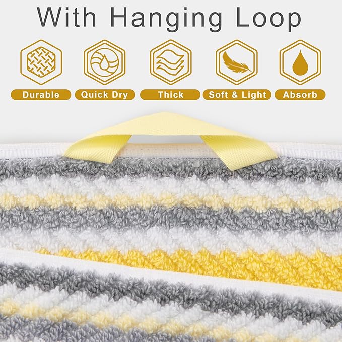 Bath Towels with Hanging Loops, 6PC Striped Towels - 100% Cotton, Quick Dry, Soft, Absorb & Lightweight, 2 Bath 28"x52", 2 Hand 16"x27", 2 Washcloth 13"x13", Shower Towel Decorative Set, Yellow + Gray