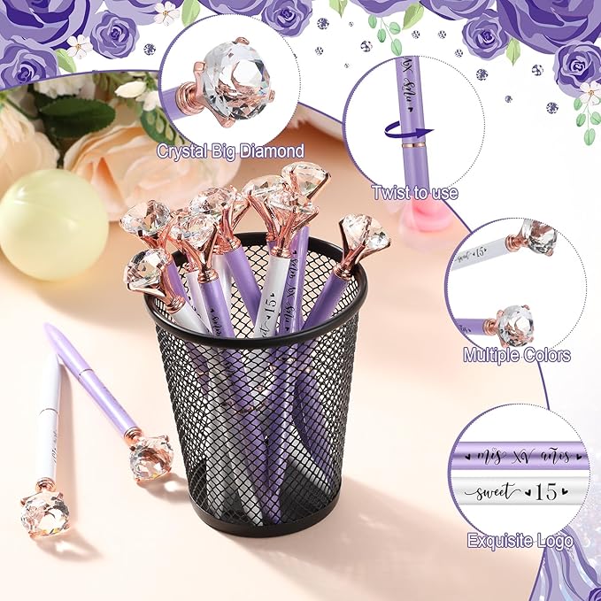 50 Set Quinceanera Party Favors for Guest Sweet 15 Diamond Pens Bulk Mis XV Años Fancy Ballpoint Pen with Thank You Cards and Ties 15th Birthday Thank You Gifts(Purple, White)