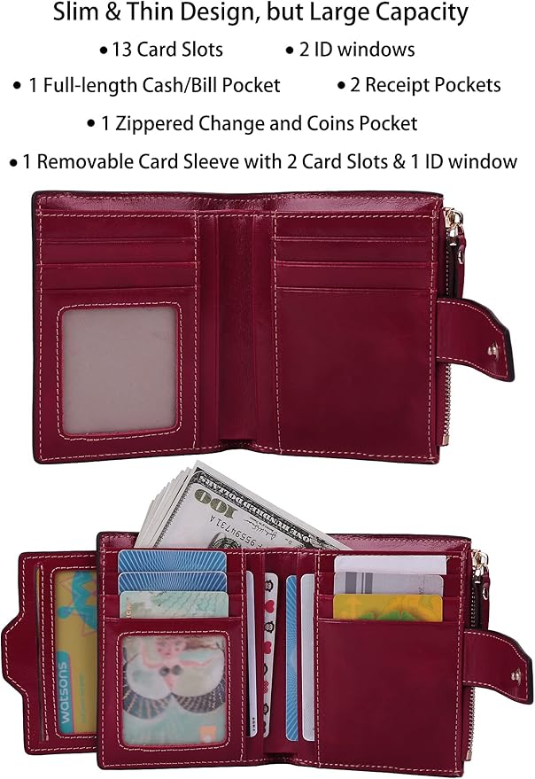 AINIMOER Women's RFID Blocking Leather Small Compact Bi-fold Zipper Pocket Wallet Card Case Purse with id Window