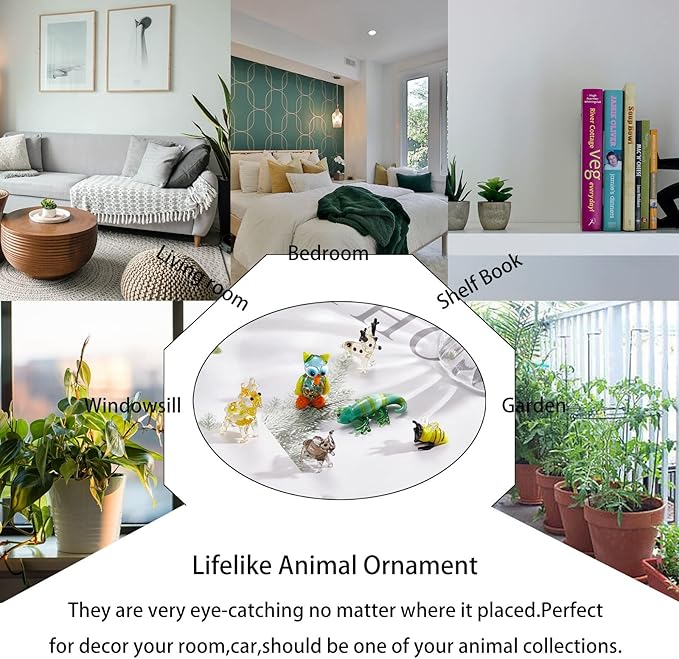 6Pcs Hand Blown Glass Figurines Includes Christmas Reindeer,Birds,Giraffes,Bees,Chameleon,Elephant Glass Figurines for Collectibles, Home Decoration,Gifts