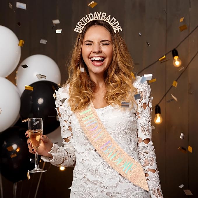 Aprince Birthday Baddie Sash and Tiara Crown for Women Girls Rose Gold Happy Birthday Headband Accessiores Party Decorations