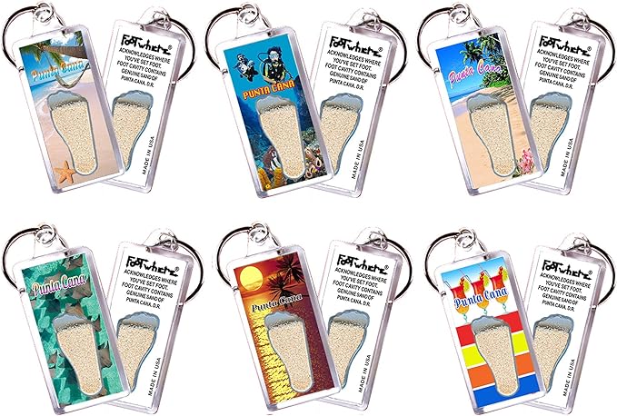FootWhere Punta Cana Keychains. 6 Piece Set. Authentic Destination Souvenir acknowledging Where You've Set Foot. Genuine Soil of Featured Location encased Inside Foot Cavity. Made in USA