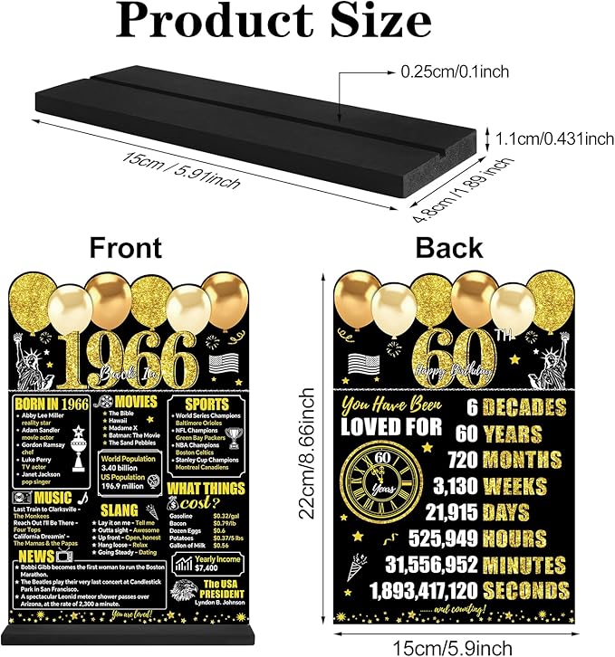 Black Gold 60th Birthday Decorations Gifts for Men Women, Two-Sided Vintage 60 Back in 1966 Theme Poster Wooden Table Sign with Stand, Sixty Years Old Bday Centerpieces Holder for Table Decor