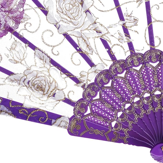 QIRMIZI 30pcs Silk Folding Hand Fans,Silk Fans,Purple Rose Fans,Perfect for Weddings, Parties, and Dancing,Purple