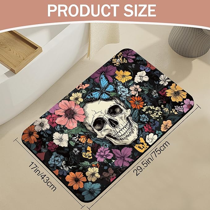 Abstract Skull Bathroom Rugs,Bath Mats for Bathroom,Mexican Skeleton Butterfly Low Pile Absorbent Bath Mat,Rubber Backing Non Slip Washable Thin Quick Dry Door Mat 17x29.5 Inch