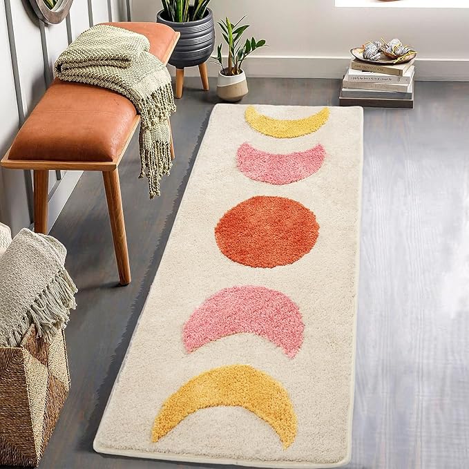 Boho Moon Bathroom Runner Rugs - Gradient Moon Phases Bath Mat,Non Slip Half Moon Witch Rugs,Bohemian Witchy Hippie Bathroom Decor, Long Runner Rug for Bedroom Hallway,Neutral Creamy 50"x20"