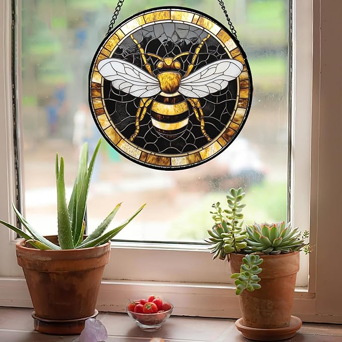 Stained Glass Window Hanging - Black Gold Bee White Wings Sun Catcher for Door Home Decor Insect Suncatcher Christmas Mother's Day Birthday Gifts for Women Men Lovers Mom Nana 15 in