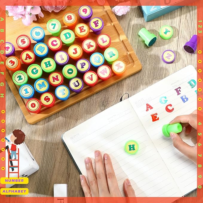 72 Pcs Number and Alphabet Stamps for Kids Letter Stamps for Kids Self Inking ABC for Boys and Girls, Classroom Rewards, Birthday Party Supplies