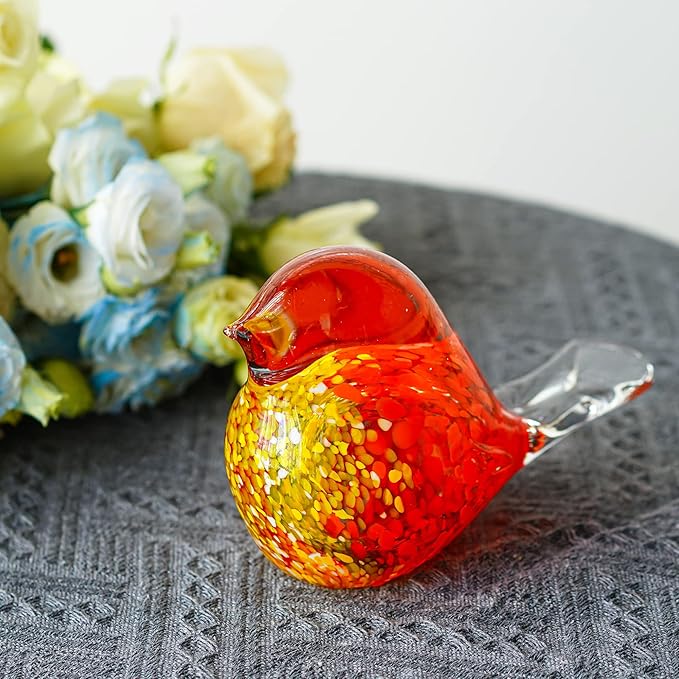 QFkris 7inch Blown Glass Bird Figurine Collectibles Handcrafted Bird Paper Weight Glass Art Animal Sculpture Home Decoration Tabletop Centerpiece
