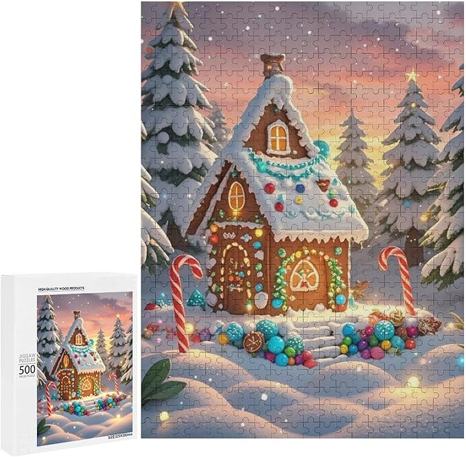 Wooden Puzzle - Christmas Gingerbread House and Candy Jigsaw Puzzles，Wooden Puzzles for Adults 500 Pieces Challenge Puzzles，Educational Games，Family Puzzles，Unique Gifts for Wall Art