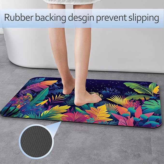 Tropical Colorful Leaves Bathroom Rug 29.5"x17", Super Absorbent Fast Drying Bath Mat with Non-Slip Rubber Backing, Thin Low-Profile Easy-Clean Bathroom Floor Mat for Shower or Tub