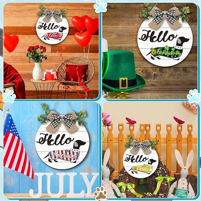 Glenmal 16 Pcs Seasonal Dachshund Door Decor for All Season and Holiday Hanging Cute Christmas Dachshund Welcome Sign Rustic Wooden Farmhouse Front Door Signs Outdoor(White)