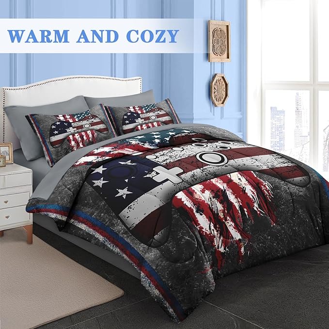 Comforter Set Full Size, American Flag 4Th July 7 Pcs Bedding for Kids and Adults, Funny Gamepad Bed Sheet Sets with Fitted Sheet 2 Pillowcases & 2 Shams for Bedroom Bed Decor
