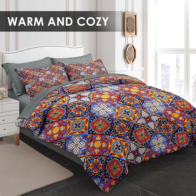 Comforter Set Full Size, Mexican Talavera Ceramic 7 Pcs Bedding for Kids and Adults, Italian Spanish Bed Sheet Sets with Fitted Sheet 2 Pillowcases & 2 Shams for Bedroom Bed Decor