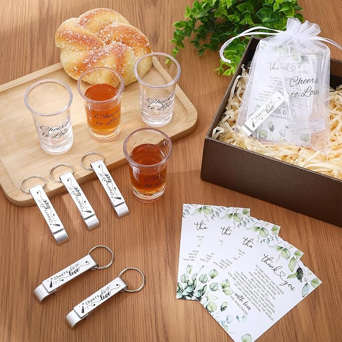 25 Set Wedding Favors for Guests Bulk,Acrylic Cheers to Love Wedding Shot Glasses with Bottle Opener Thank You Cards and Organza Bags,Souvenirs for Guests