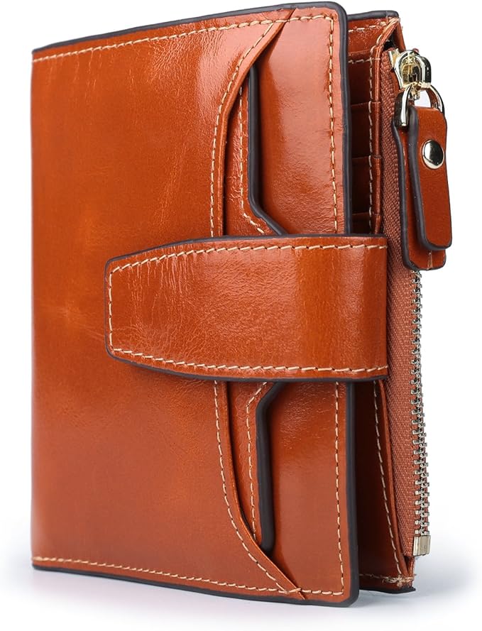 AINIMOER Women's RFID Blocking Leather Small Compact Bi-fold Zipper Pocket Wallet Card Case Purse with id Window