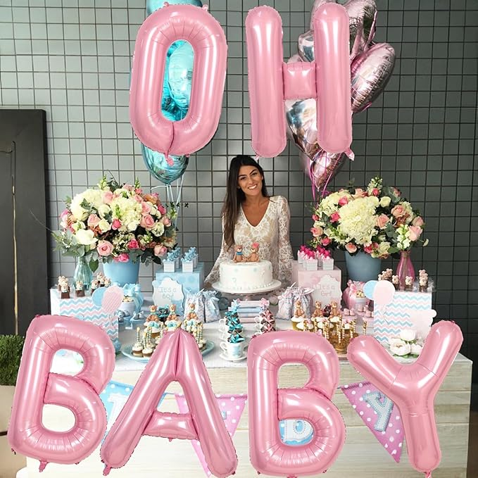 40 Inch Pastel Pink OH BABY Balloon for Baby Shower, Large Light Pink OH BABY Balloon Letters with Ribbon, Pearl Pink Alphabet Balloons Banner Sign for Girl Birthday Party Backdrop Decorations