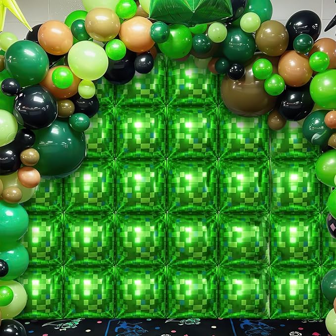 Green Pixel Square Balloon Wall, 25 PCS Green Pixel Square Foil Balloons Wall Backdrop Balloons Tunnel Arch for Kids Boys Video Game Theme Birthday Party Decoration