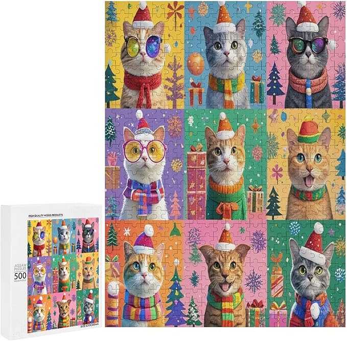 Wooden Puzzle 500 Pieces Adult - Christmas Dog Cat Puzzle Christmas Puzzles, Holiday Puzzles, Family Toys, Party Games, Jigsaw Puzzle Challenge and Funny