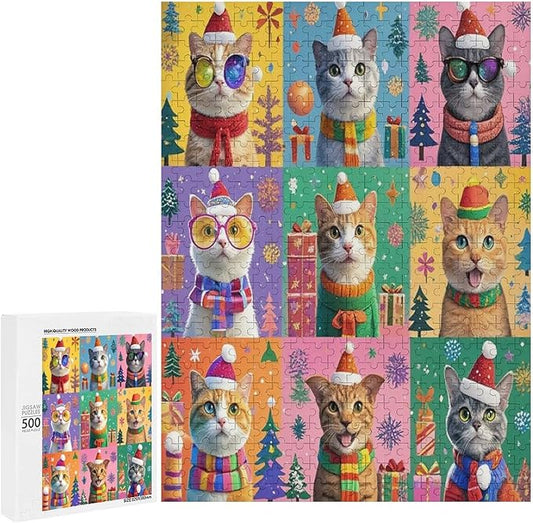 Wooden Puzzle 500 Pieces Adult - Christmas Dog Cat Puzzle Christmas Puzzles, Holiday Puzzles, Family Toys, Party Games, Jigsaw Puzzle Challenge and Funny