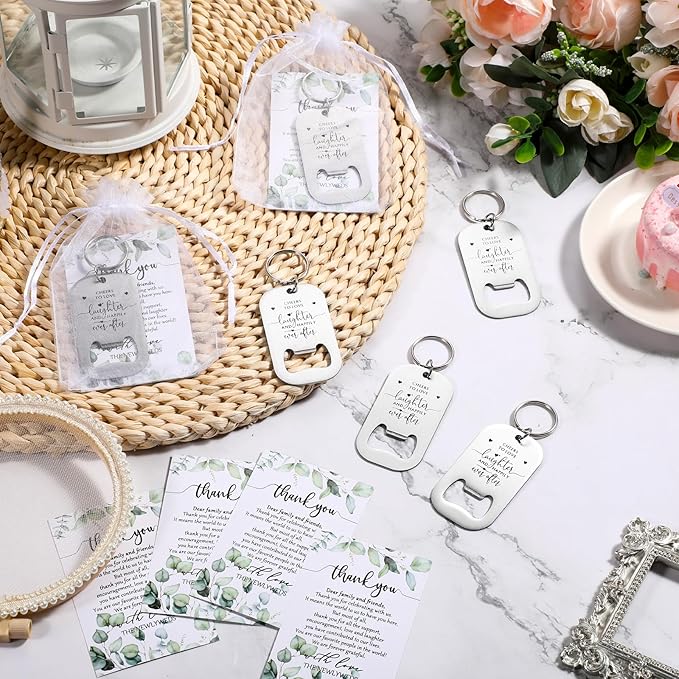 100 Sets Wedding Gifts for Guests Cheers to Love Laughter and Happily Ever After Opener Beer Opener Keychain Bottle Opener Keychain Thank You Card Organza Bags Bridal Shower Souvenirs