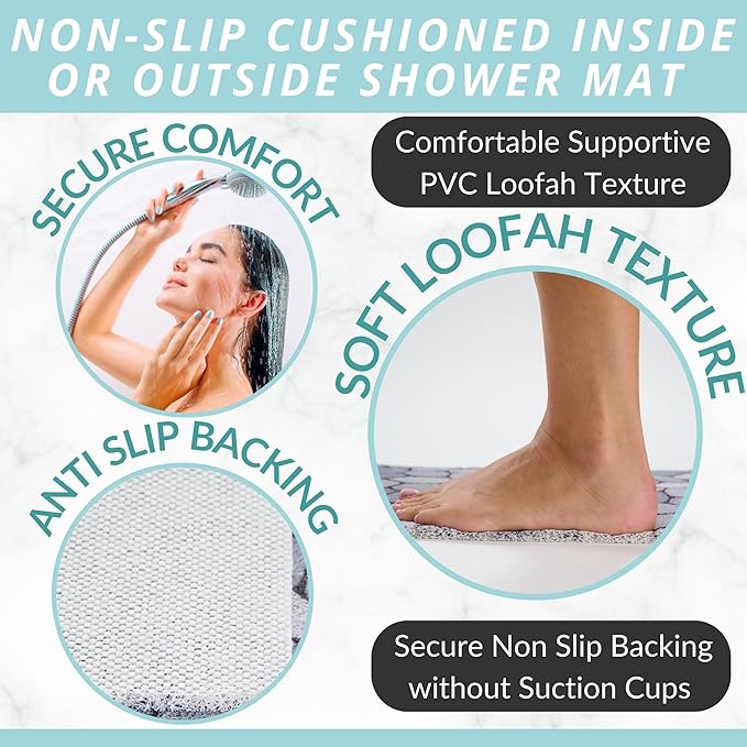 ENKOSI Loofah Non-Slip Shower and Bath Mat - Soft Cushioned Comfort - No Suction Cups for Smooth or Textured Tubs - Fast Draining - Safety for Bathroom, Family, Kids, and Elderly (24x16 Pebble Blue)