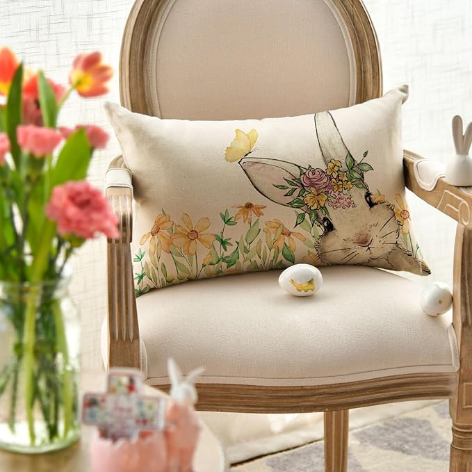 AVOIN colorlife Easter Yellow Floral Garland Bunny Throw Pillow Cover, 12 x 20 Inch Spring Rabbit Holiday Cushion Case Decoration for Sofa Couch Set of 2