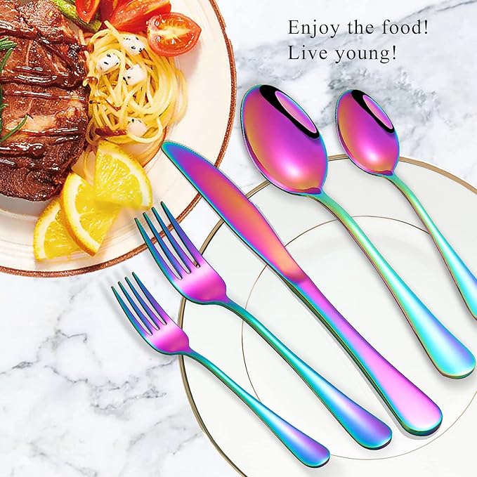 Rainbow Spoons,Set of 16 Top Food Grade Stainless Steel Spoons Silverware, Big Tea Spoons,6.7 Inches,Mirror Finish & Dishwasher Safe,New Apartment Essentials Flatware