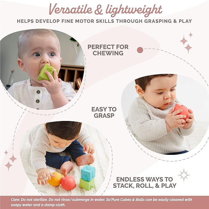 Sophie la girafe So'Pure Cubes & Balls | 4 Light & Colorful Balls | Easy to Grasp | Designed with Natural Rubber to Soothe & Awaken All 5 Senses