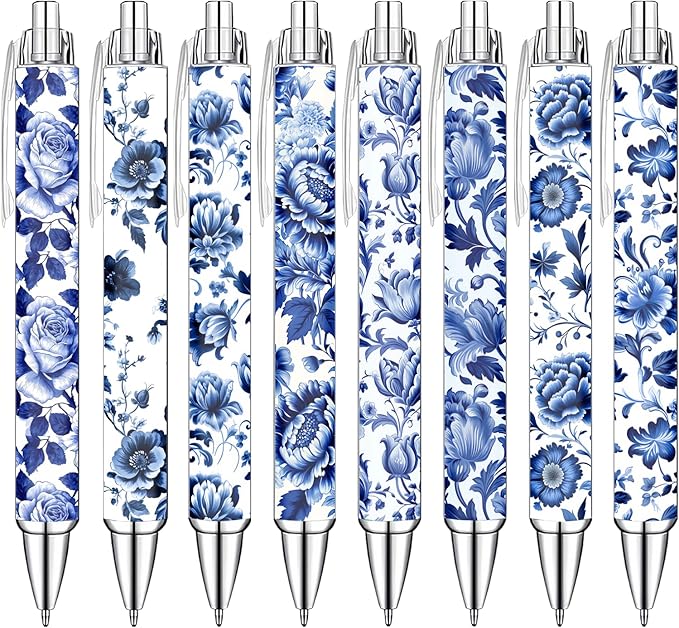 Blue and White Porcelain Pens Set – Elegant Ceramic-Inspired Writing Pens with Smooth Black Ink – Classic Gift for Students, Teachers, Office Use, Party Favors, Holidays, and Everyday Writing, 8 Pack