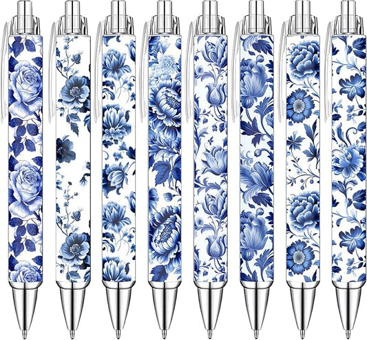 Blue and White Porcelain Pens Set – Elegant Ceramic-Inspired Writing Pens with Smooth Black Ink – Classic Gift for Students, Teachers, Office Use, Party Favors, Holidays, and Everyday Writing, 8 Pack