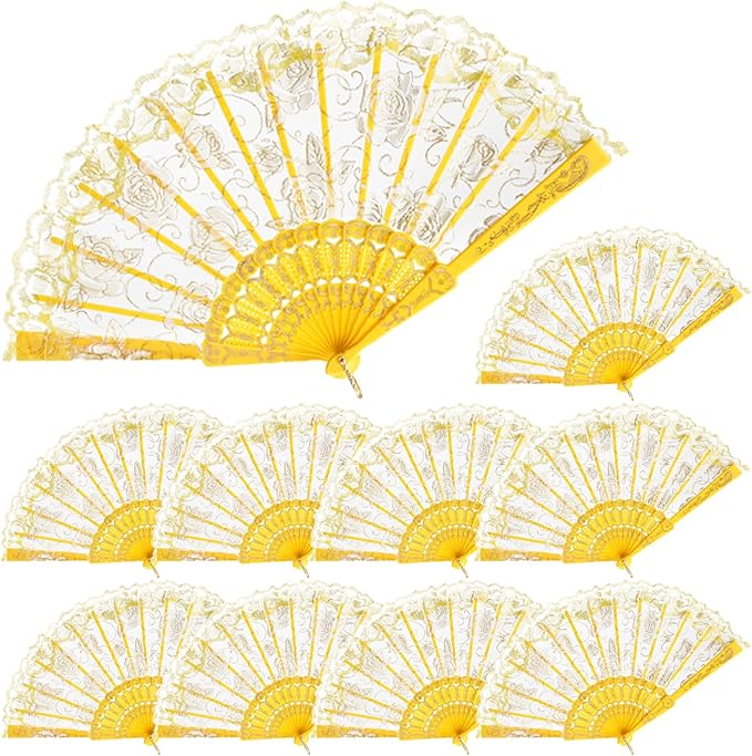 QIRMIZI 30pcs Silk Folding Hand Fans,Silk Fans,Yellow Rose Fans,Perfect for Weddings, Parties, and Dancing,Yellow