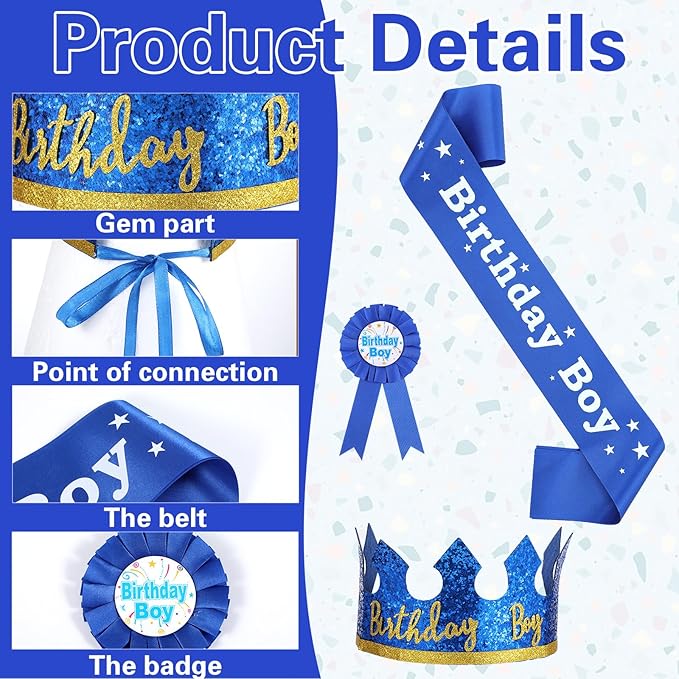Birthday Boy Sash Hat Birthday Boy Pin Crown Set for Boys Birthdays Party Decoration