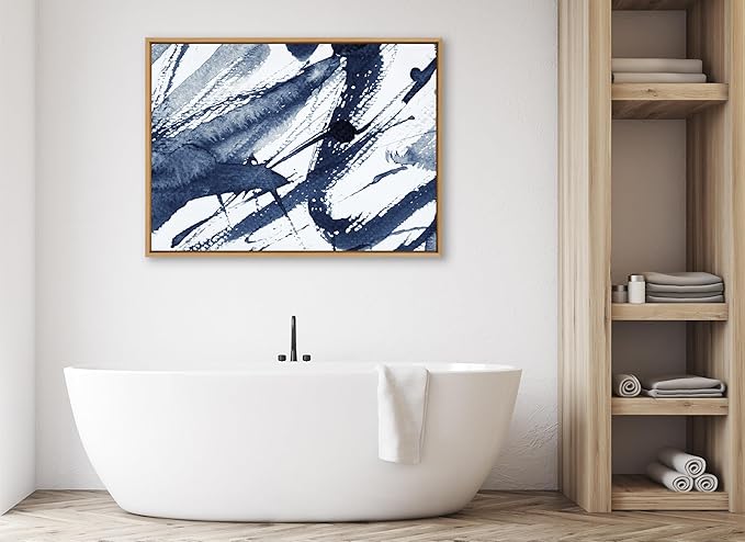 Kate and Laurel Sylvie Indigo Watercolor Framed Canvas Wall Art by Amy Peterson, 31.5x41.5 Natural, Modern Blue Abstract Art for Wall
