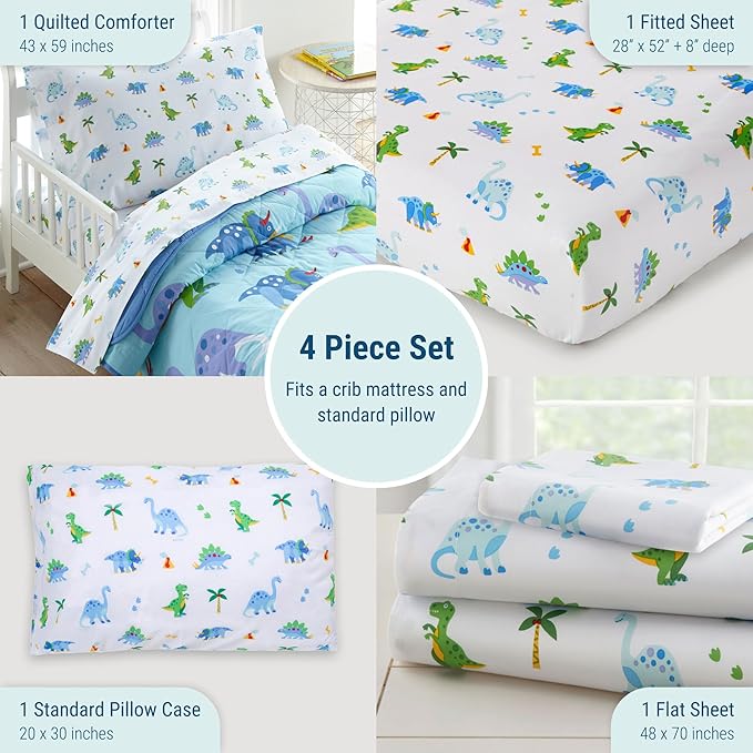 Wildkin 4-Piece Toddler Bed in a Bag – Cotton Comforter, Sheets & Pillowcase for Cozy Cuddles - Dinosaur Land