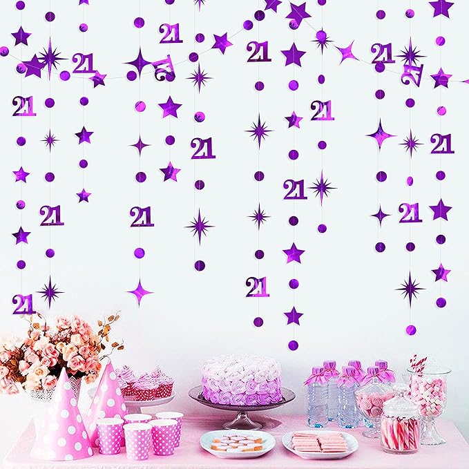Purple Number 21 Circle Dot Twinkle Star Garland Metallic Hanging Streamer Bunting Banner Backdrop Decoration for Girls Boys 21st Birthday Finally Legal Twenty One Anniversary Wedding Party Supplies
