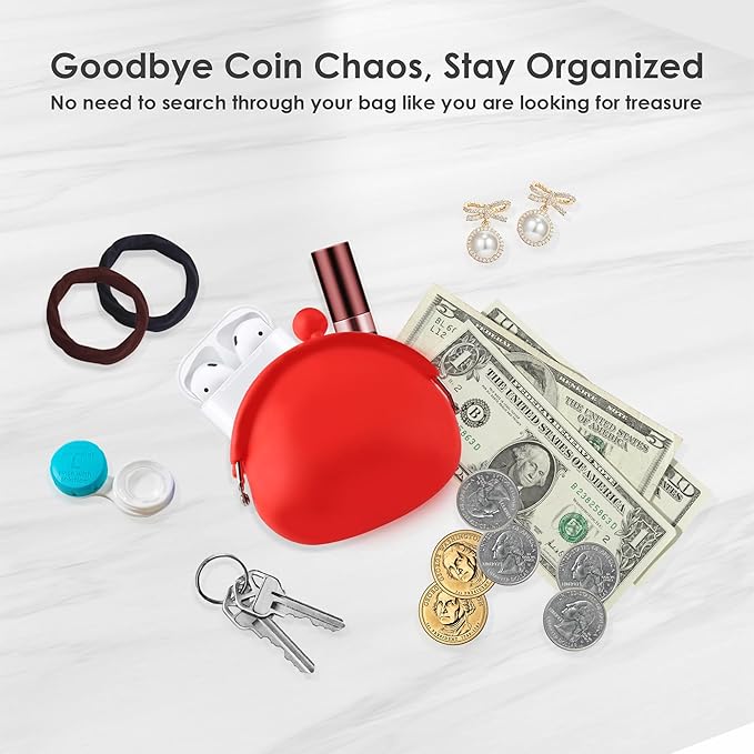 Coin Purse for Women – Silicone Small Coin Pouch with Kiss Lock for Coins, Keys, Lipstick, and Earphones – Mini Cute Change Purse, Coin Purse & Pouch for Daily Life, Cars, Travel, Party (Red)